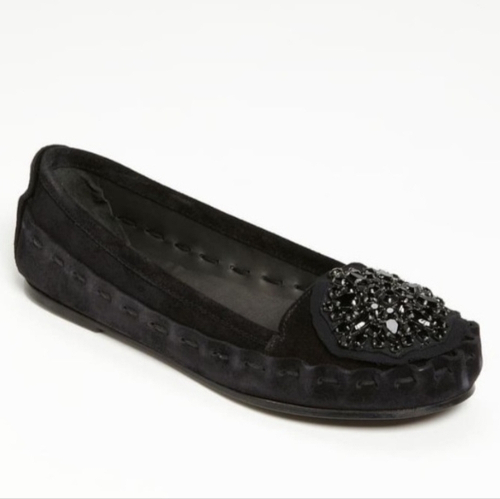 Vera Wang Black Suede Jeweled Moccasins. Made in Italy